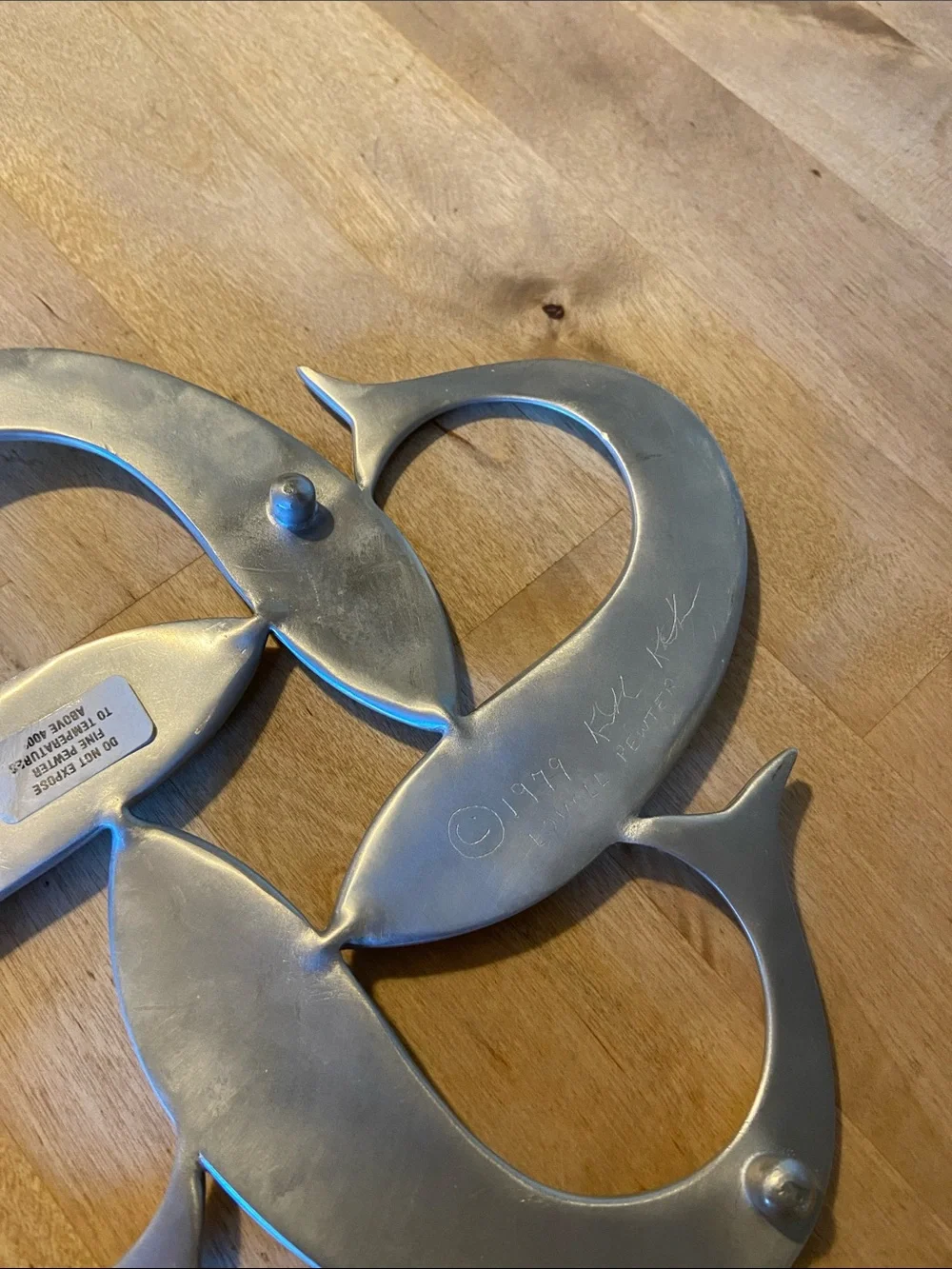MCM Vintage Pewter Dolphin Trivet Artist Signed